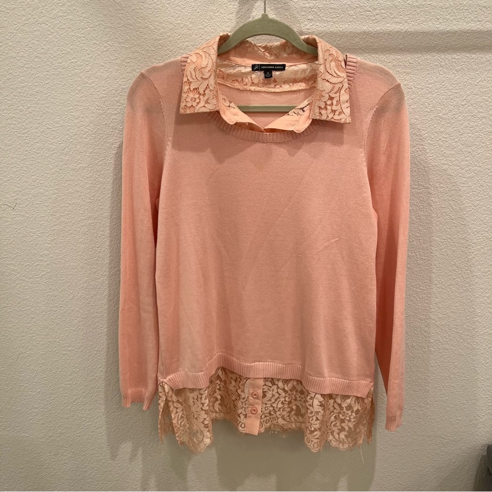 ADRIANNA PAPELL PINK Lace Combo Sweater